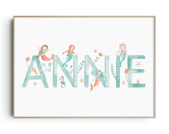Mermaid Nursery Print, Mermaid Nursery Decor, Under The Sea, Girls Nursery Wall Art, Custom Name Print, Personalised Nursery Print, New Baby