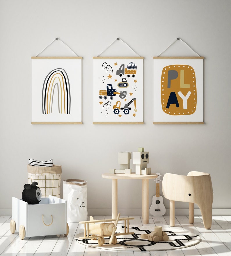 Set of 3 Prints Play Construction Vehichle Wall Art Scandi Rainbow Print Nursery Prints Boys Room Decor Kids Wall Art New Baby Gift