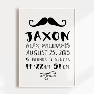 Nursery Birth Print | Personalised Moustache Print | Boys Bedroom Print | Birth Details Print | Monochrome | A4 A3 | Hipster Nursery Decor