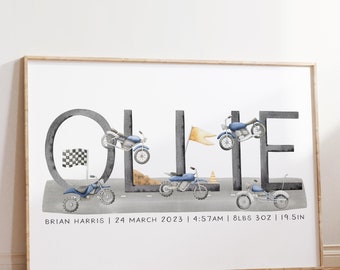 Custom Baby Name Print, Motorbike Nursery Name Sign, Boys Wall Art, New Baby Gift, Motorcycle Nursery, Birth Print, Personalised, Dirt Bike