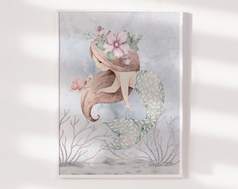 Mermaid Nursery Print, Mermaid Wall Art, Mermaid Nursery Decor, Girls Room Decor, Ocean Nursery, Sea Nursery, Watercolour, Girls Bedroom