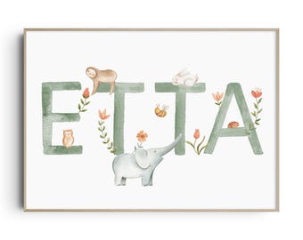 Personalised Baby Girl Name Print, Girl Baby Name Sign, Personalised Baby Gift for Nursery, Girl Nursery Decor, Safari Animal Nursery Decor