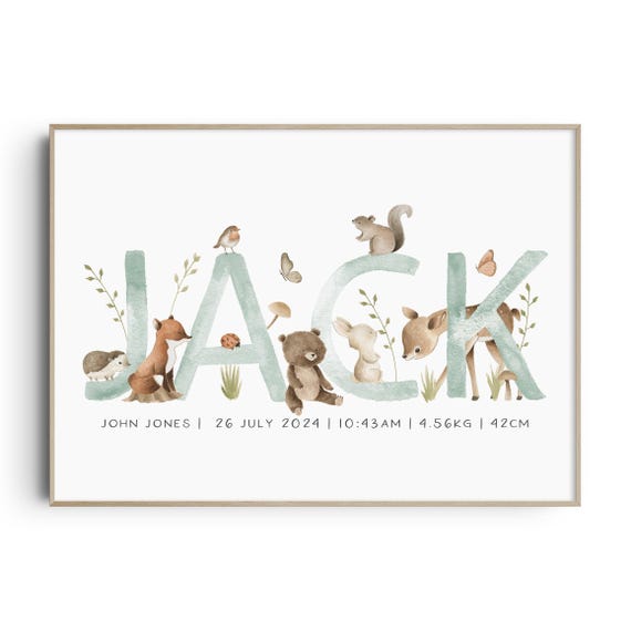 Woodland Nursery Print, Baby Name Print, Woodland Nursery Wall Art, Personalised Birth Print, Forest Animal Print, Forest Nursery Decor, Boy