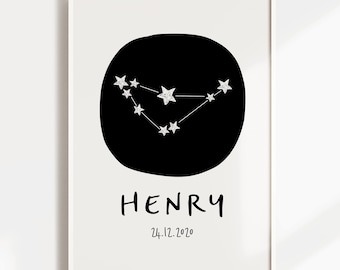 Nursery Print, Capricorn, Zodiac Constellation Wall Art, Star Sign, Astrology, Space, Kids Room Decor, Baby Shower Gift, Name, Birth Print