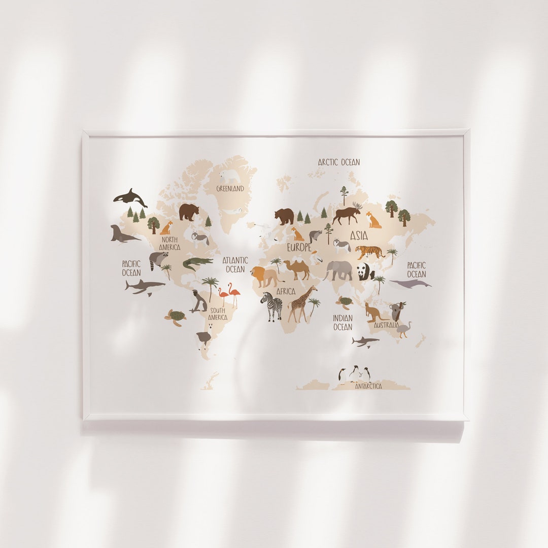 Nursery Print, Kids Animal Wall Art, World Map Nursery Print, Jungle ...