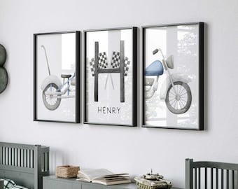 Boys Motorbike Wall Art Prints, Boys Room Wall Art, Motorbike & Name Print, Motorcycle Nursery, Dirt Bike Nursery Decor, Boy Motor Cross Art