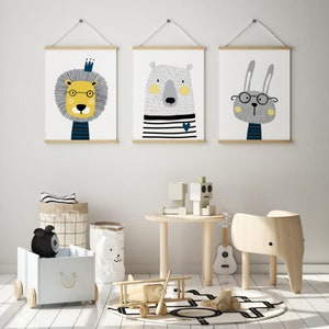 Nursery Prints, Boys Scandi Animal Wall Art Prints, Set of 3 Prints, Baby, Boys, Girls, Lion, Bear, Bunny, Boys Room Decor, Kids Wall Art