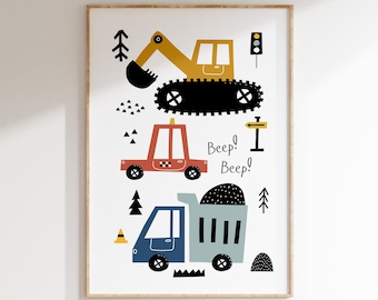 Construction Vehicles Nursery Wall Art Print, Transport Nursery, Vehicle Nursery, Boys Wall Art, Digger, Dump Truck, Boys Room Wall Art