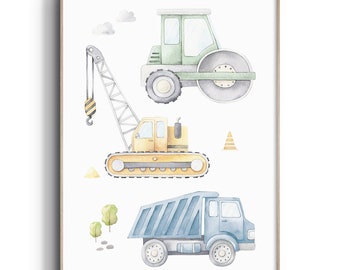Construction Vehicles Print Nursery Decor, Transport Nursery Print, Transport Nursery Wall Art, Boy Wall Art, Dump Truck, Crane, Road Roller