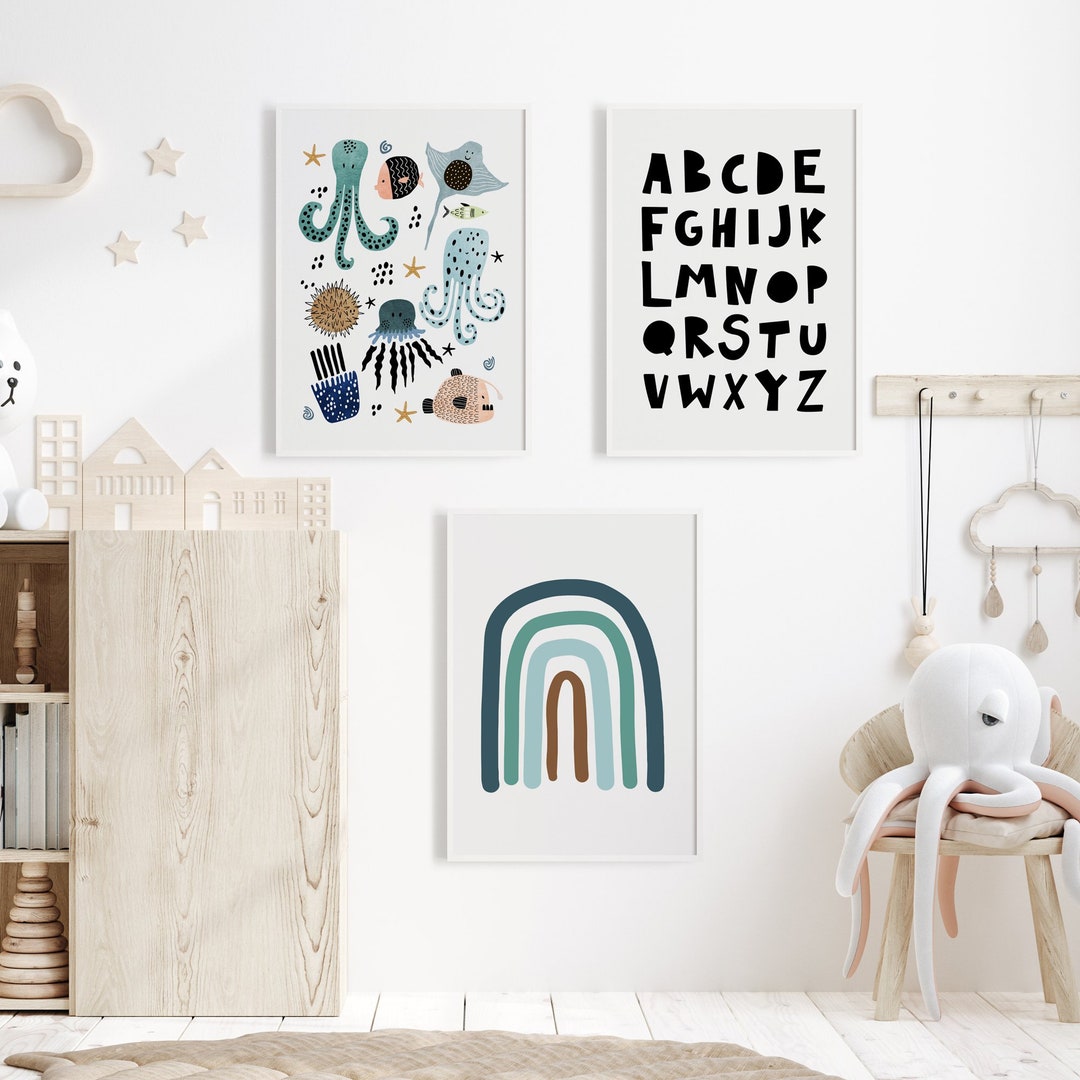 Nursery Prints, Ocean Sea Animal Wall Art, Rainbow Print, Set of 3 ...