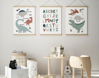Nursery Prints, Dinosaur Wall Art,  Alphabet Print, Set of 3, Scandi, Boys Room Decor, Kids Wall Art, New Baby Gift, Dinosaur Nursery Decor