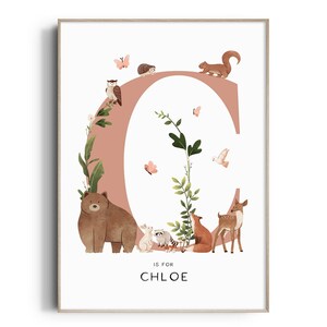 Woodland Animal Initial Name Print, Personalised Nursery Print, Nursery Wall Art, Forest Animal Letter & Name Print, Nursery Decor, Girls