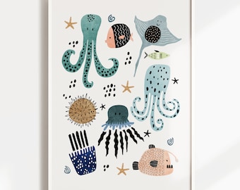 Ocean Animal Nursery Print, Under The Sea Wall Art, Oceanic Nursery Print, Nautical Nursery Art, Kids Wall Art, Nursery Prints Boy, Ocean