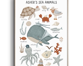 Sea Animals Print, Personalised Name Print, Ocean Nursery Wall Art, Sea Animals, Under The Sea Nursery, Sea Life Nursery Nursery Decor