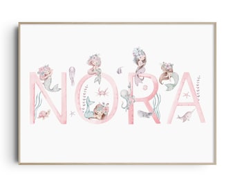 Girls Mermaid Print, Mermaid Nursery Decor, Under The Sea, Nursery Wall Art, Custom Name Print, Personalised Nursery Print, New Baby Gift