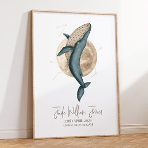 Whale Nursery Birth Print, Whale Nursery Art, Whale Nursery Print, Whale Nursery Wall Art, Whale Nursery Decor, Baby Birth Print, Ocean, Sea