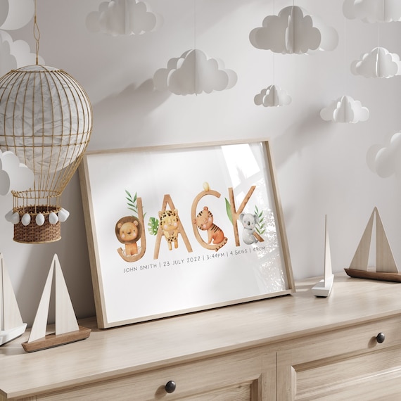 Personalised Safari Animal Name Print, Nursery Print, Nursery Wall Art, Nursery Decor, Boys Wall Art, Jungle Nursery Decor, New Baby Gift