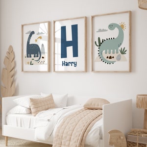 Dinosaur Nursery Prints, Boys Bedroom Decor, Dinosaur Wall Art, Set of 3 Prints, Personalised Name Print, Kids Wall Art, Dinosaur Nursery