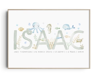 Sea Animals Name Print, Ocean Nursery Print, Under The Sea, Nursery Wall Art, Personalised, Ocean Nursery Decor, New Baby Gift, Sea Animals