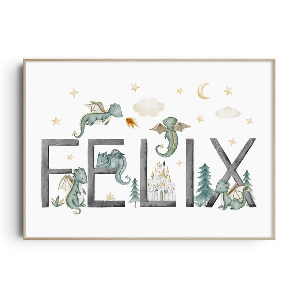 Lámina de dragón para guardería, arte mural con nombre personalizado, decoración de dragón para guardería, cuento de hadas, lámina de nacimiento para niño
