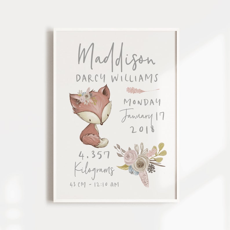 Fox Print Birth Print Personalised Birth Announcement Baby Gift Woodland Nursery Animal Girls Floral Boho Fox Nursery Wall Art
