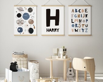 Nursery Prints, Space, Planets, Solar System Wall Art, Name Print, Set of 3, Alphabet, Scandi, Boys Room Decor, Kids Wall Art, New Baby Gift