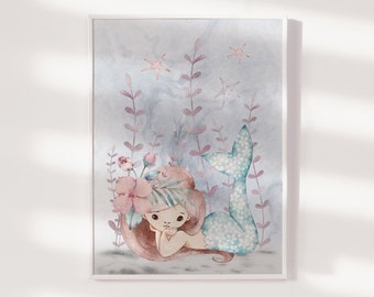 Mermaid Nursery Print, Mermaid Wall Art, Mermaid Nursery Decor, Girls Room Decor, Ocean Nursery, Sea Nursery, Watercolour, Girls Bedroom