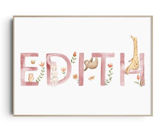 Personalised Baby Girl Name Print, Girl Baby Name Sign, Personalised Baby Gift for Nursery, Girl Nursery Decor, Safari Animal Nursery Decor