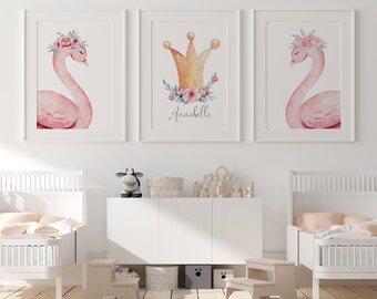 Nursery Prints, Nursery Wall Art, Girl, Pink, Floral, Swan Nursery, Princess, Crown, Baby Animal Prints, Woodland, Name Print, Set of 3