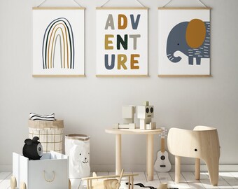 Nursery Prints, Jungle, Safari Animal Wall Art, Rainbow Print, Set of 3 Prints, Elephant, Adventure, Scandi, Boys Room Decor, Kids Wall Art
