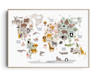 Nursery Print, World Map Animal Print, Safari Nursery Wall Art, Safari Nursery Decor, Kids Wall Art, Animal Map, Kids Wall Art, Boho