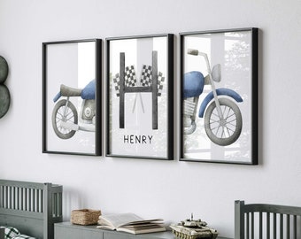Boys Motorbike Wall Art Prints, Boys Room Wall Art, Motorbike & Name Print, Motorcycle Nursery, Dirt Bike Nursery Decor, Boy Motor Cross Art
