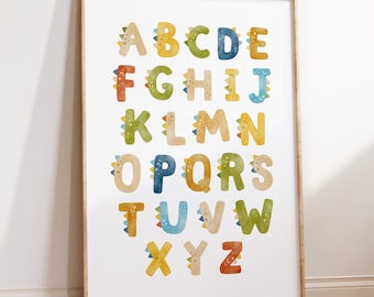 Dinosaur Alphabet Wall Art, Nursery Decor, Educational Poster for Boys' Rooms