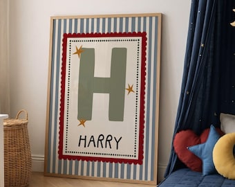 Personalised Nursery Print Letter | Striped Boy Room Decor | Custom Name Poster | Vintage Blue Stripe Kids Wall Art | Monogram Baby Gift