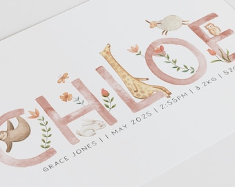 Personalised Baby Girl Name Print, Girl Baby Name Sign, Personalised Baby Gift for Nursery, Girl Nursery Decor, Safari Animal Nursery Decor