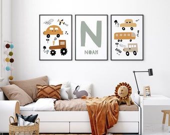 Nursery Prints, Transport Vehicles & Name Print, Set of 3, Boys Room Decor, Kids Wall Art, Plane, Bus, Car, Tractor, Initial Print, Vehicles
