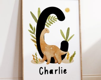 Dinosaur Name Print, Dinosaur Nursery Wall Art, Dinosaur Bedroom Decor, Boys Wall Art, Name & Initial Print, Dinosaur Poster, Brontosaurus