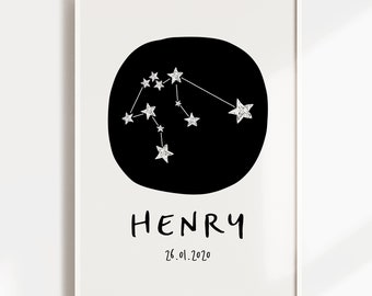 Nursery Print, Aquarius Zodiac Constellation Wall Art, Star Sign, Astrology, Space, Kids Room Decor, Baby Shower Gift, Name, Birth Print