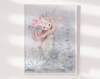 Mermaid Nursery Print, Mermaid Wall Art, Mermaid Nursery Decor, Girls Room Decor, Ocean Nursery, Sea Nursery, Watercolour, Girls Bedroom