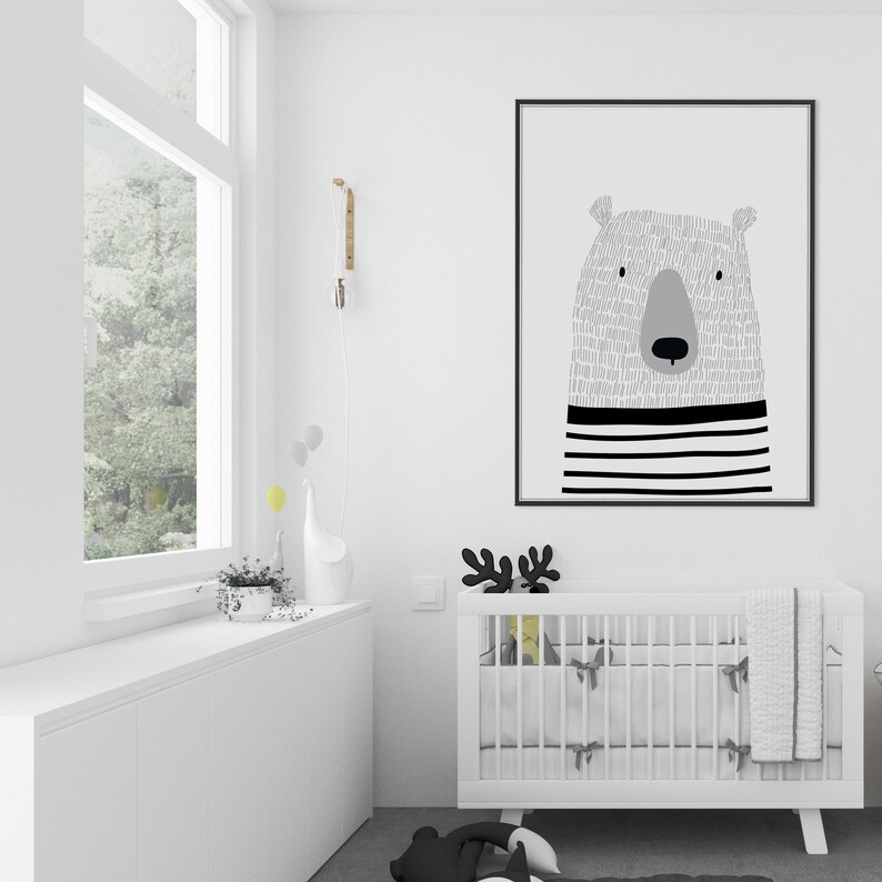 Bear Nursery Print Scandi Wall Art Safari Nursery Bear image 1