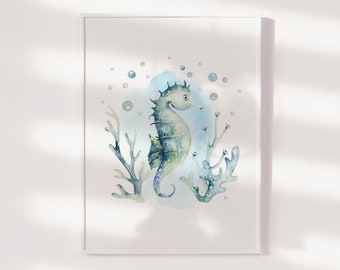 Ocean Animal Nursery Prints, Under The Sea Wall Art, Oceanic Nursery Print, Nautical Nursery Art, Kids Wall Art, Seahorse Print