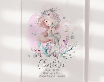 Mermaid Birth Print, Mermaid Nursery Wall Art, Mermaid Nursery Decor, Mermaid Nursery Decor, Girls Room Wall Art, Under The Sea, Ocean