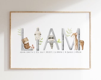 Woodland Animal Name Print, Personalised Nursery Print, Nursery Wall Art, Nursery Decor, Boys Room Decor, Birth Print, New Baby Gift, Forest