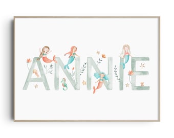 Mermaid Name, Mermaid Print, Mermaid Wall Art, Ocean Nursery Print, Sea Nursery Wall Art, Girls Name Print, Baby Birth Print, Nursery Decor