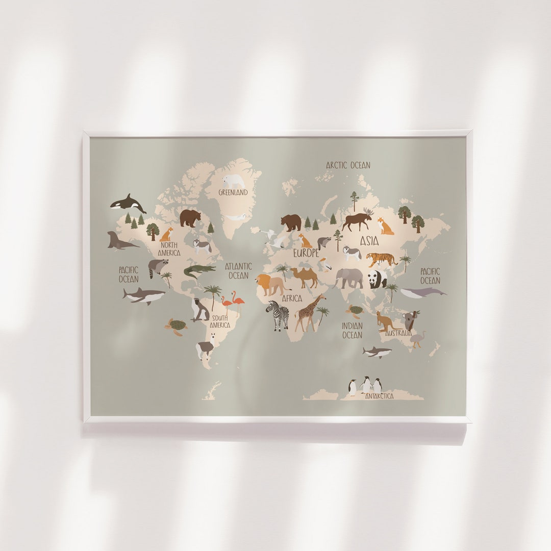 Nursery Print, Kids Animal Wall Art, World Map Nursery Print, Jungle ...