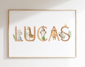 Personalised Safari Animal Name Print, Nursery Print, Nursery Wall Art, Nursery Decor, Boys Wall Art, Jungle Nursery Decor, New Baby Gift