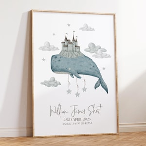 Whale Nursery Birth Print, Whale Nursery Art, Whale Nursery Print, Whale Nursery Wall Art, Whale Nursery Decor, Baby Birth Print, Ocean, Sea