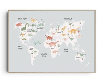 Dinosaur World Map Print, Nursery Wall Art, Dinosaur Wall Art, Dinosaur Poster, Dinosaur Print, Nursery Print, Nursery Decor, Kids Wall Art