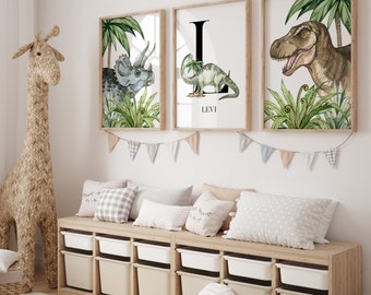 Dinosaur Wall Art, Dinosaur & Name Prints, Boys Room Decor, Set of 3 Prints, Dinosaur Decor, Nursery Prints, Nursery Wall Art, Toddler Room