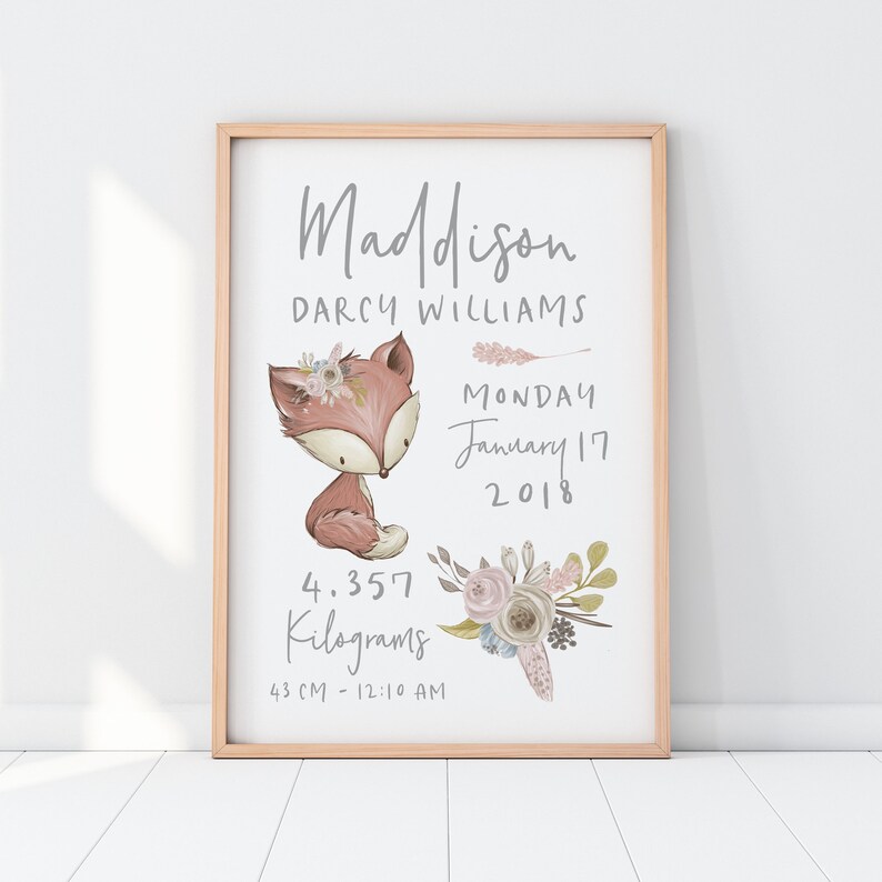 Fox Print Birth Print Personalised Birth Announcement Baby Gift Woodland Nursery Animal Girls Floral Boho Fox Nursery Wall Art